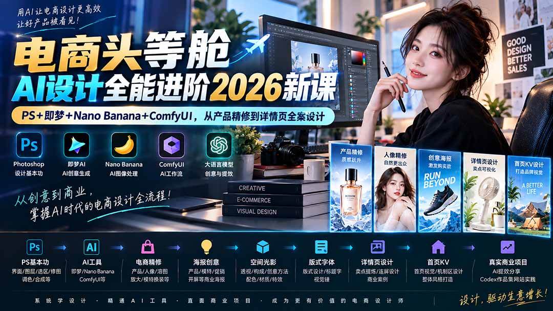 (20284期)电商头等舱AI设计全能进阶2026新课:PS+即梦+Nano Banana+ComfyUI,从产品精修到详情页全案设计-优优云网创-中创网