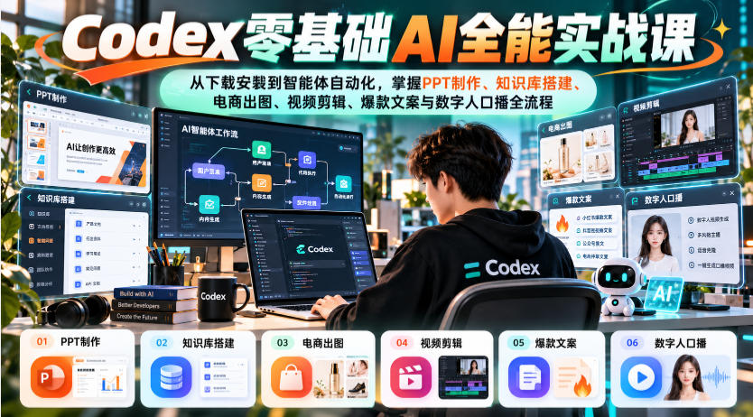 Codex零基础AI全能实战课:从下载安装到智能体自动化,掌握知识库搭建、电商出图、视频剪辑、爆款文案与数字人口播全流程 Codex零基础AI全能实战课:从下载安装到智能体自动化,掌握知识库搭建、电商出图、视频剪辑、爆款文案与数字人口播全流程