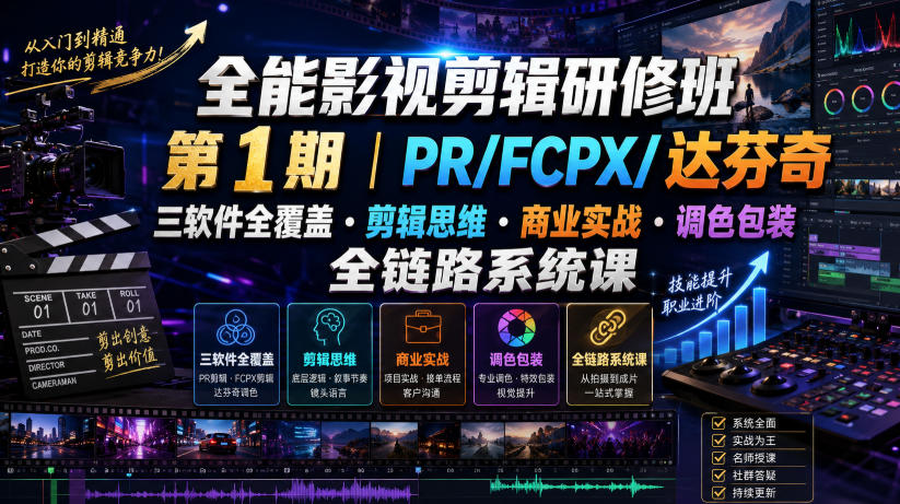 全能影视剪辑研修班第1期|PR/FCPX/达芬奇三软件全覆盖・剪辑思维・商业实战・调色包装全链路系统课-优优云网创