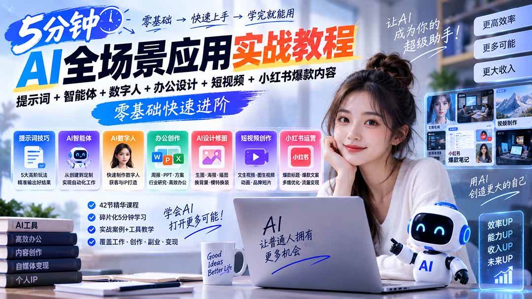 （20493期）AI全场景应用实战教程｜提示词+智能体+数字人+办公设计+短视频+小红书爆款内容，零基础快速进阶-优优云网创-中创网