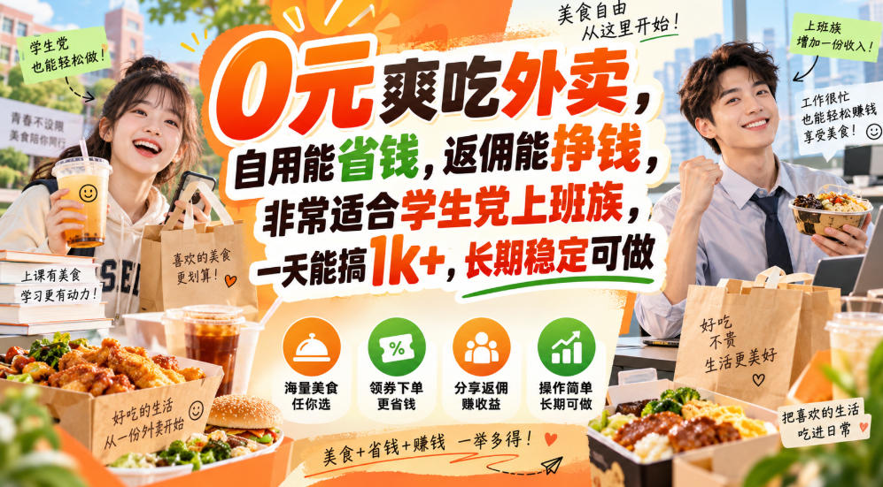 0元爽吃外卖,自用能省钱,返佣能挣钱,非常适合学生党上班族,一天能搞1k+,长期稳定可做-优优云网创-中创网