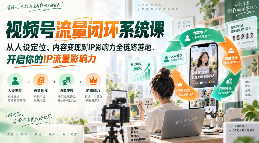 视频号流量闭环系统课，从人设定位、内容变现到IP影响力全链路落地，开启你的IP流量影响力-优优云网创-中创网