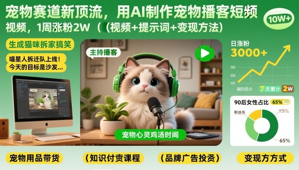 宠物赛道新顶流,用AI制作宠物播客短视频,1周涨粉2W(视频+提示词+变现方法)-优优云网创