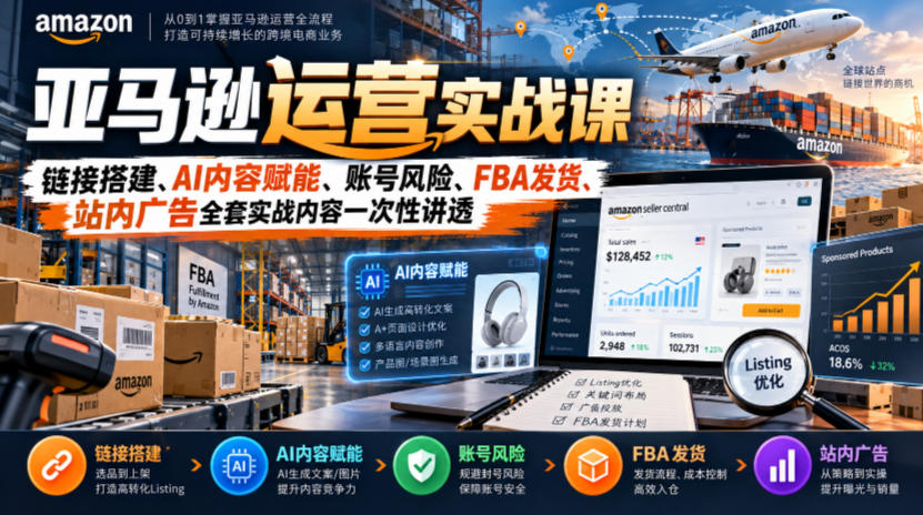 亚马逊运营实战课,链接搭建、AI内容赋能、账号风险、FBA发货、站内广告全套实战内容一次性讲透-优优云网创-中创网