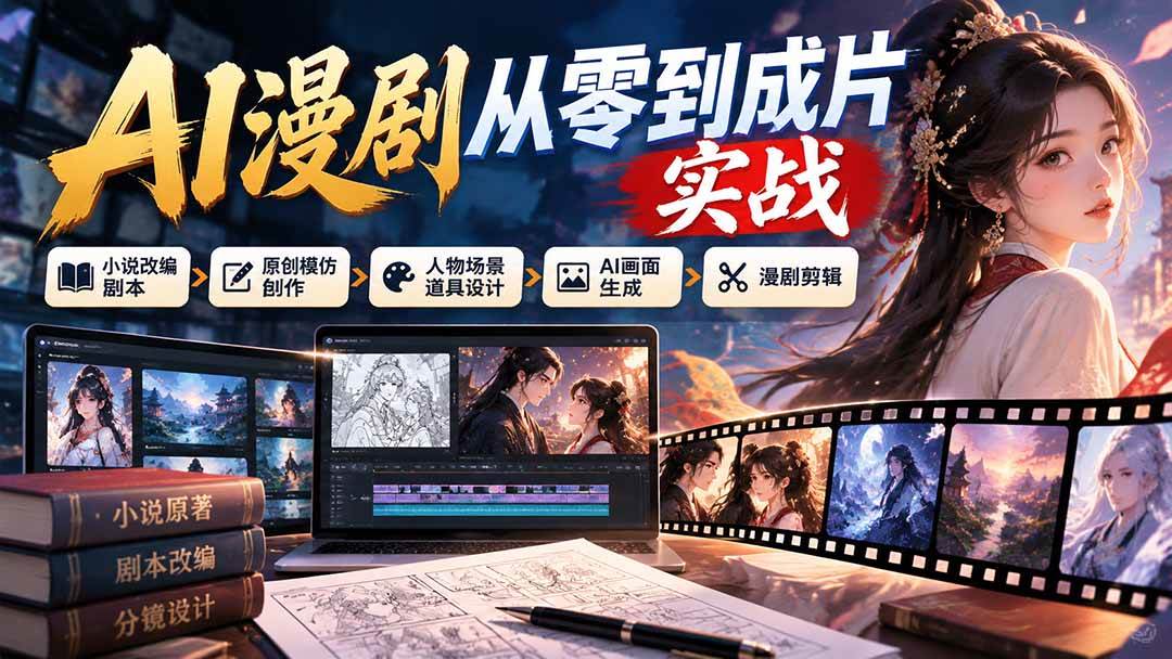 （21069期）AI漫剧从零到成片实战：小说改编剧本、原创模仿创作、人物场景道具设计、AI画面生成与漫剧剪辑-优优云网创-中创网