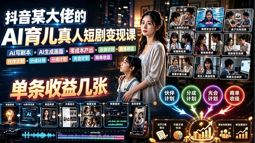 AI育儿真人短剧变现课:AI写剧本×AI生成画面×零成本产出×伙伴计划×分成计划×光合计划×商单收徒-优优云网创