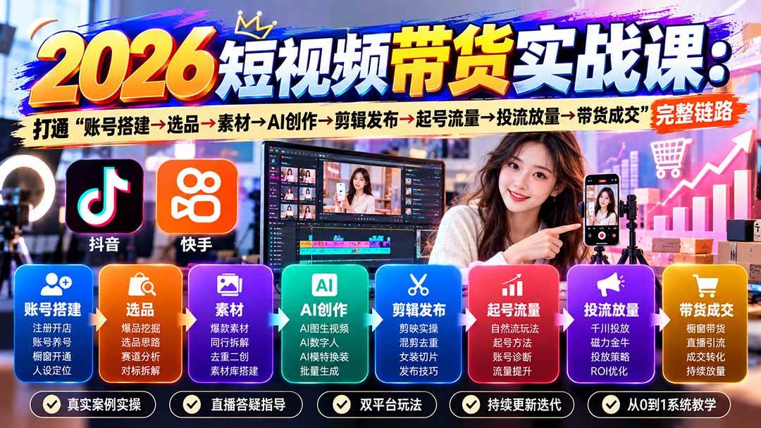 (20731期)2026短视频带货实战课9月:打通“账号搭建→选品→素材→AI创作→剪辑发布→起号流量→投流放量→带货成交”完整链路-优优云网创-中创网