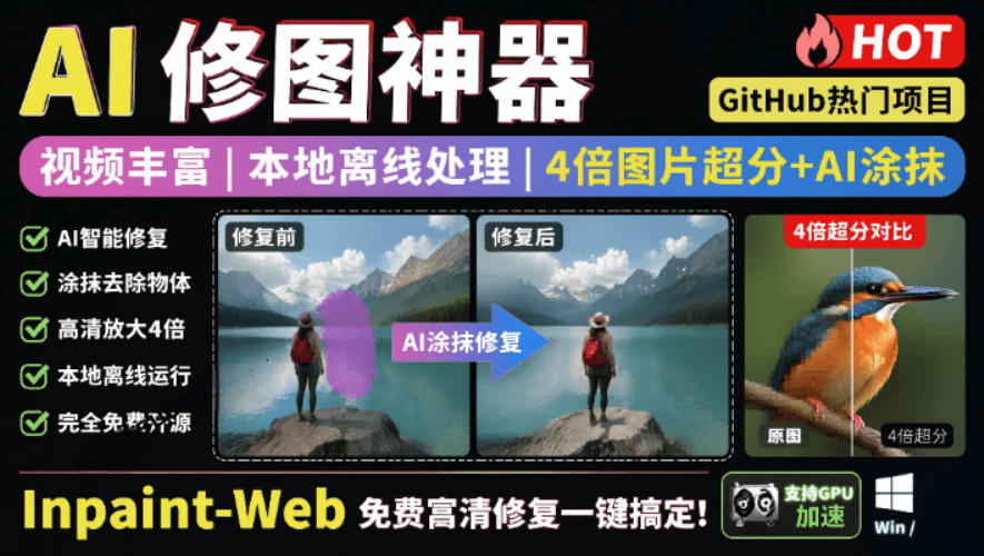 本地离线处理，4倍图片超分+AI涂抹去水印！Github上热门神器，免费高清修复图一键搞定！Inpaint-Web-优优云网创
