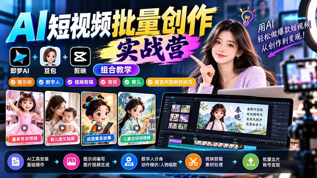(21039期)【无水印】AI短视频批量创作实战营:即梦+豆包+剪映组合教学,提示词/数字人/视频剪辑/带货/育儿/寓言内容制作技巧-优优云网创-中创网