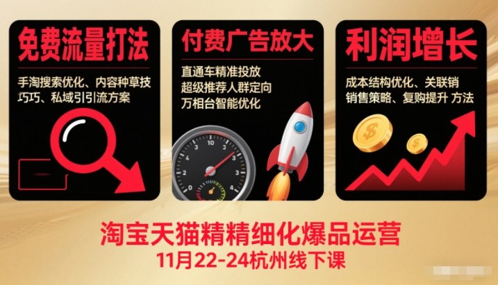 淘宝天猫精细化爆品运营11月22-24杭州线下课，免费流量打法+付费广告放大+利润增长(音频+文档)-优优云网创