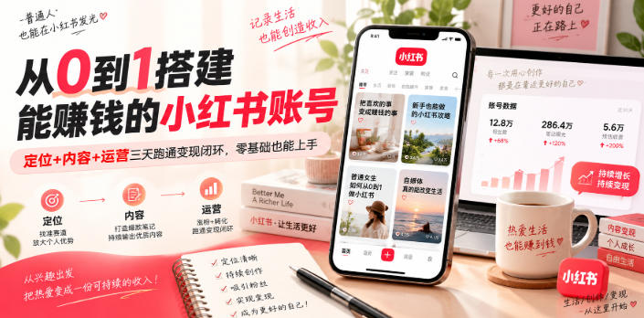 从0到1搭建能賺钱的小红书账号，定位+内容+运营三天跑通变现闭环-优优云网创-中创网