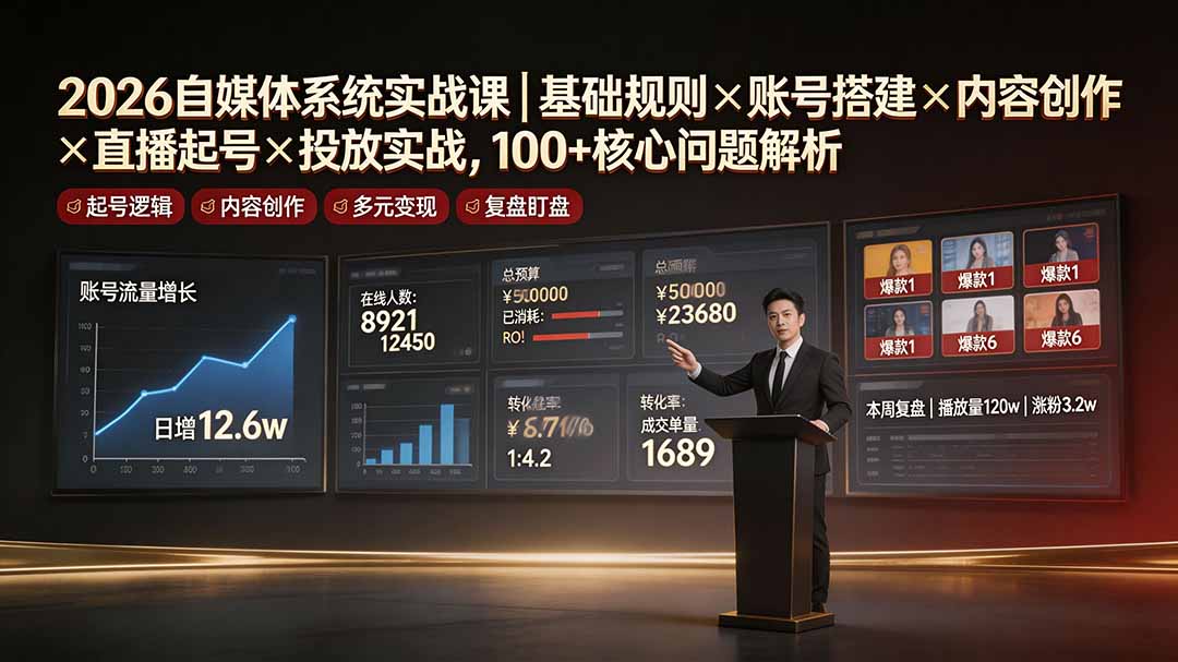 2026自媒体系统实战课｜基础规则×账号搭建×内容创作×直播起号×投放实战，100+核心问题解析-优优云网创