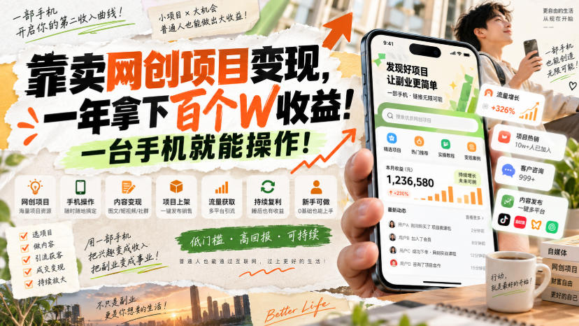 靠卖网创项目变现，一年拿下百个W收益！一台手机就能操作！【揭秘】-优优云网创-中创网