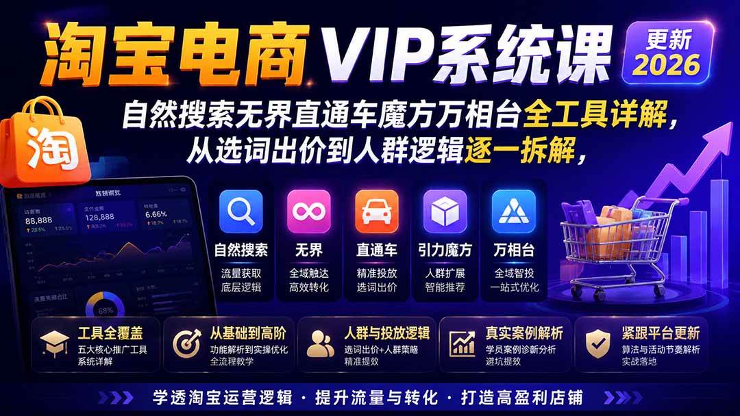 (20094期)2026淘宝电商终局之战VIP课-更新:自然搜索+直通车+无界+精准人群,系统掌握测款动销与全店推广布局方法-优优云网创-中创网