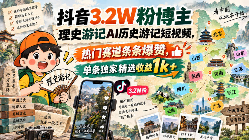 抖音3.2W粉博主理史游记AI历史游记短视频教学，热门赛道条条爆赞，单条独家精选收益1k+-优优云网创-中创网