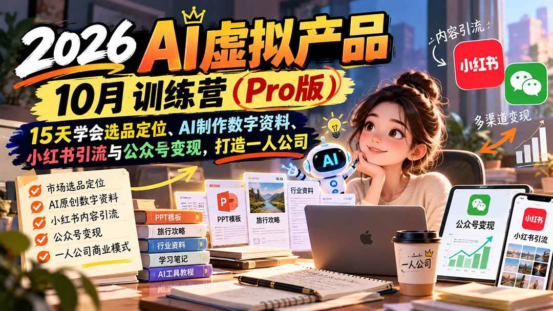 （21054期）2026AI虚拟产品10月训练营（Pro版）：15天学会选品定位、AI制作数字资料、小红书引流与公众号变现，打造一人公司-优优云网创-中创网