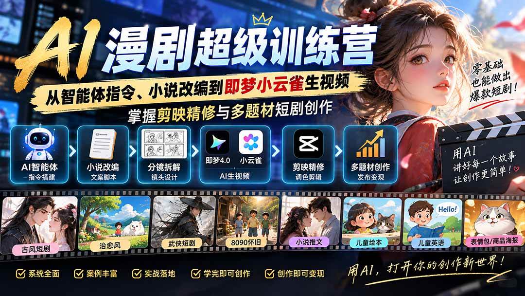 （20491期）AI漫剧超级特训营：从智能体指令、小说改编到即梦小云雀生视频，掌握剪映精修与多题材短剧创作-优优云网创-中创网