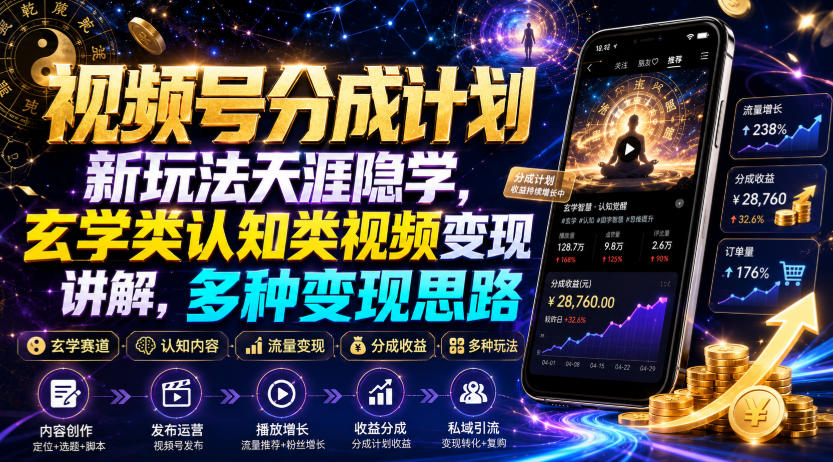 视频号分成计划新玩法天涯隐学，玄学类认知类视频变现讲解，多种变现思路-优优云网创
