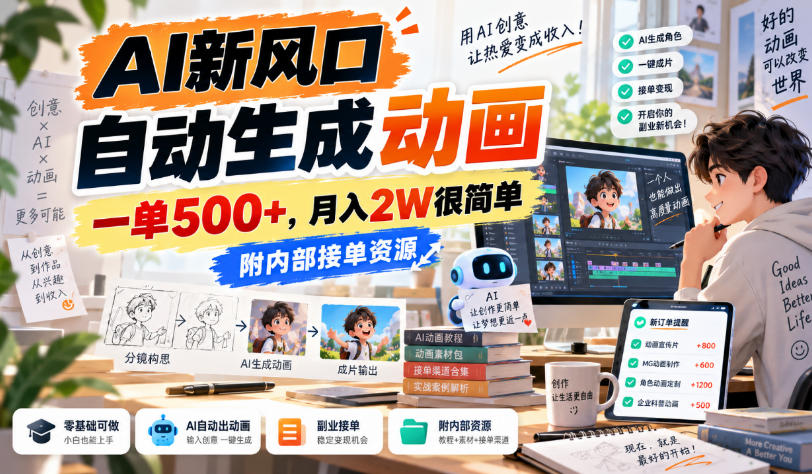 AI新风口,自动生成动画,一单500+,月入2W很简单,附内部接单资源【揭秘】-优优云网创-中创网