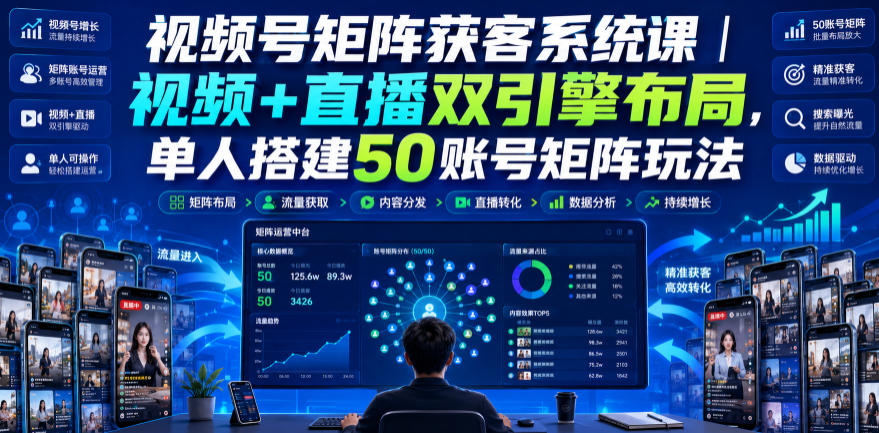 视频号矩阵获客系统课|视频+直播双引擎布局,单人搭建50账号矩阵玩法,流量入池、搜索占位、全域引流沉淀私域全流程教学-优优云网创