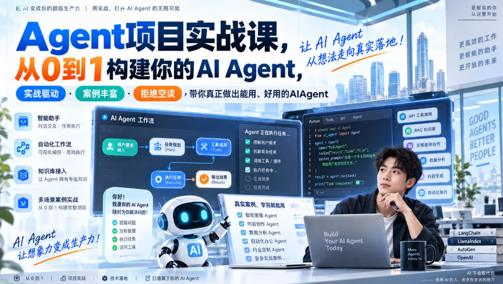 Agent项目实战课,从0到1构建你的AI Agent,实战驱动·案例丰富·拒绝空谈,带你真正做出能用、好用的AIAgent-优优云网创-中创网