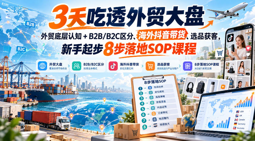 3天吃透外贸大盘,外贸底层认知+B2B/B2C区分、海外抖音带货、选品获客,新手起步8步落地SOP课程-优优云网创-中创网