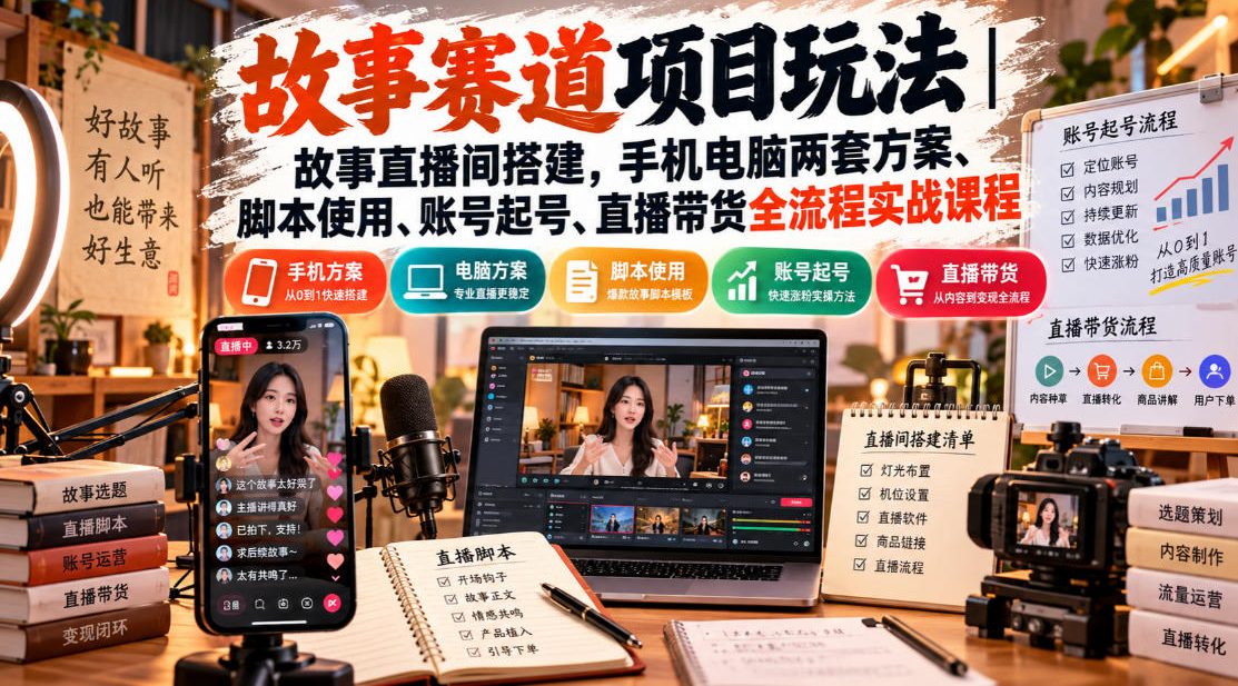 故事赛道项目玩法|故事直播间搭建,手机电脑两套方案、脚本使用、账号起号、直播带货全流程实战课程-优优云网创-中创网