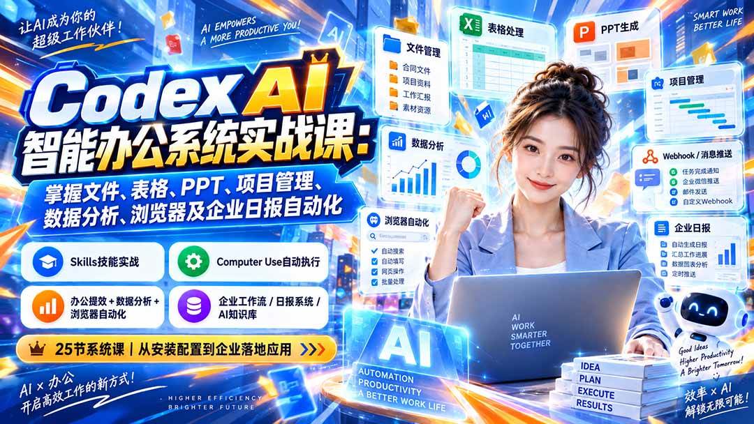 (20446期)Codex AI智能办公系统实战课:掌握文件、表格、PPT、项目管理、数据分析、浏览器及企业日报自动化 (20446期)Codex AI智能办公系统实战课:掌握文件、表格、PPT、项目管理、数据分析、浏览器及企业日报自动化