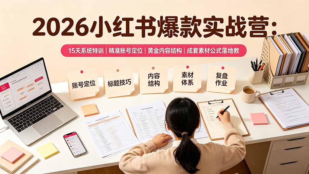 2026小红书爆款实战营：15天系统特训｜精准账号定位｜黄金内容结构｜成套素材公式落地教程-优优云网创