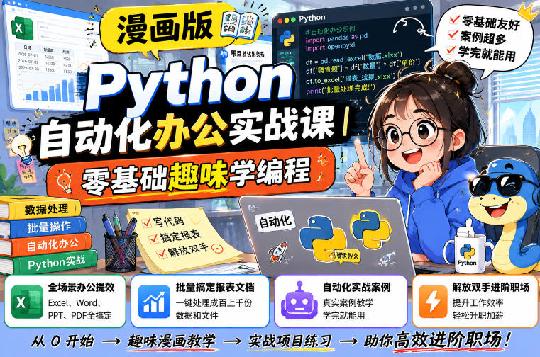 漫画版Python自动化办公实战课|零基础趣味学编程,全场景办公提效、批量搞定报表文档、解放双手进阶职场-优优云网创