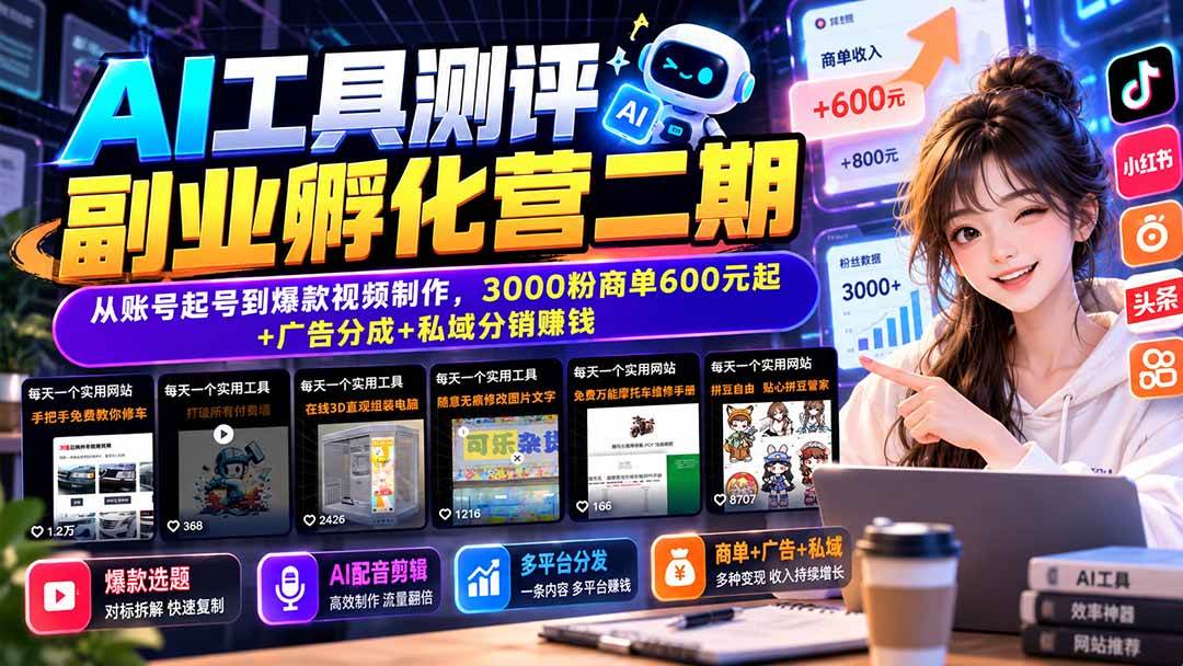 （20799期）AI工具测评副业孵化营二期：从账号起号到爆款视频制作，3000粉商单600元起+广告分成+私域分销赚钱-优优云网创-中创网