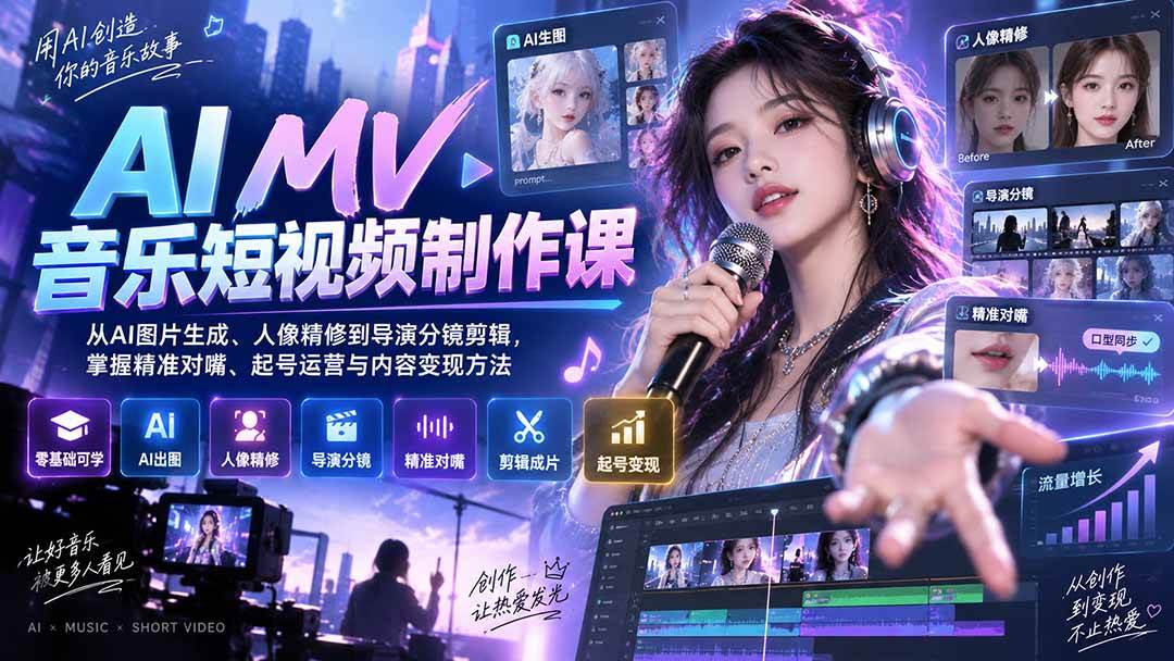 (20364期)AI MV音乐短视频制作课:从AI图片生成、人像精修到导演分镜剪辑,掌握精准对嘴、起号运营与内容变现方法 (20364期)AI MV音乐短视频制作课:从AI图片生成、人像精修到导演分镜剪辑,掌握精准对嘴、起号运营与内容变现方法