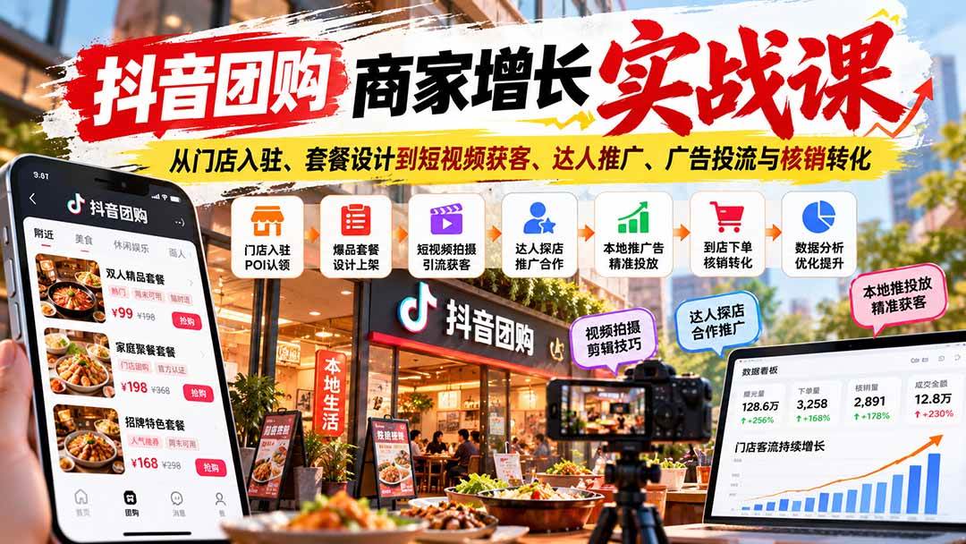 （20813期）抖音团购商家增长实战课：从门店入驻、套餐设计到短视频获客、达人推广、广告投流与核销转化-优优云网创-中创网