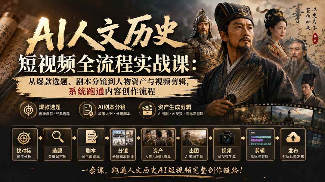 (20476期)AI人文历史短视频全流程实战课-更新:从爆款选题、剧本分镜到人物资产与视频剪辑,系统跑通内容创作流程-优优云网创-中创网