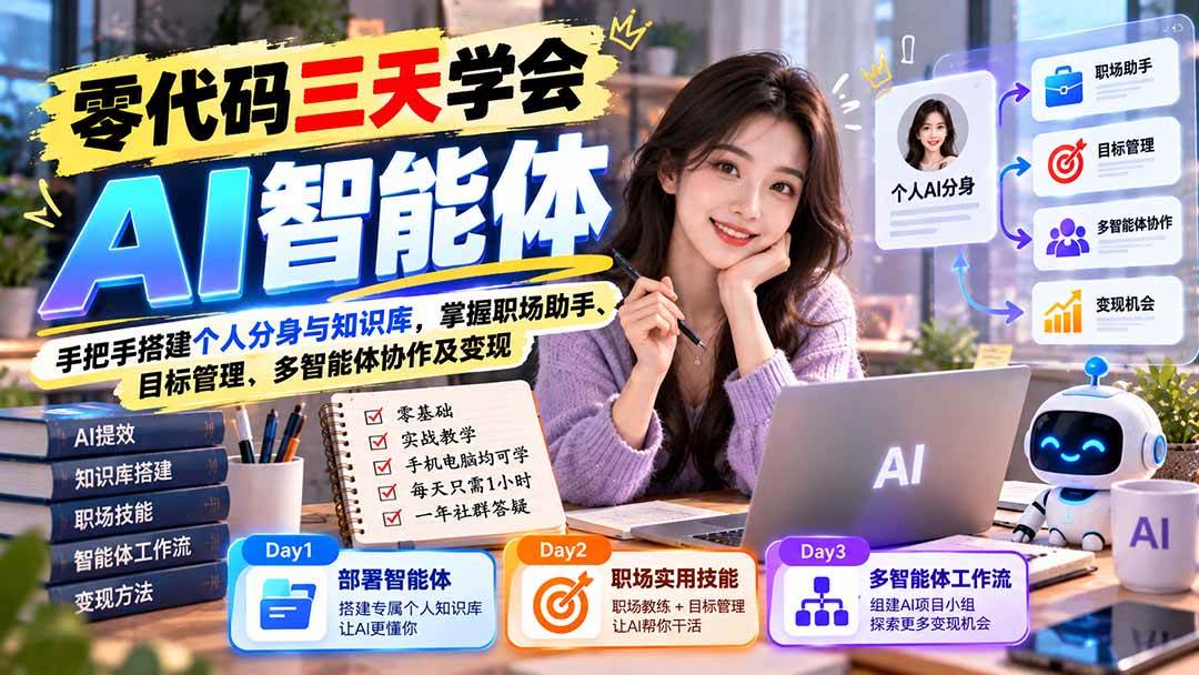 (20978期)【无水印】零代码三天学会AI智能体:手把手搭建个人分身与知识库,掌握职场助手、目标管理、多智能体协作及变现 (20978期)【无水印】零代码三天学会AI智能体:手把手搭建个人分身与知识库,掌握职场助手、目标管理、多智能体协作及变现