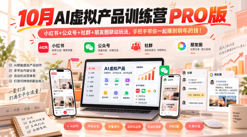 10月AI虚拟产品训练营PRO版，小红书+公众号+社群+朋友圈联动玩法，手把手带你一起赚到明年的钱！-优优云网创-中创网