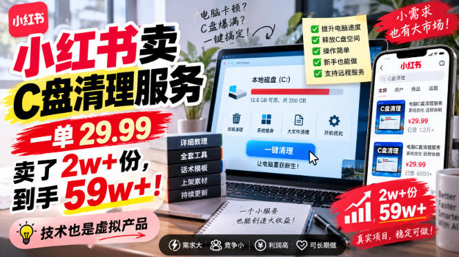 小红书卖C盘清理服务,一单29.99,卖了2w+份,技术也是虚拟产品-优优云网创-中创网
