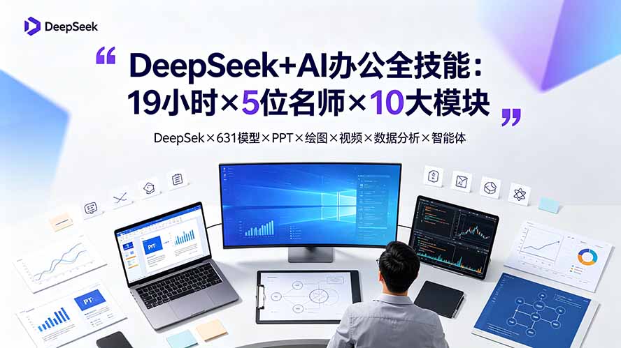 DeepSeek+AI办公全技能:19小时×5位名师×10大模块,DeepSeek×631模型×PPT×绘图×视频×数据分析×智能体-优优云网创