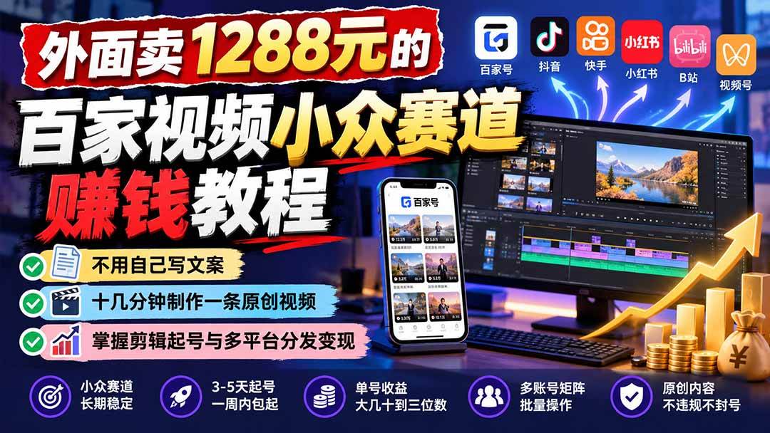(21276期)外面卖1288元的百家视频小众赛道赚钱教程:不用自己写文案,十几分钟制作一条原创视频,掌握剪辑起号与多平台分发-优优云网创-中创网