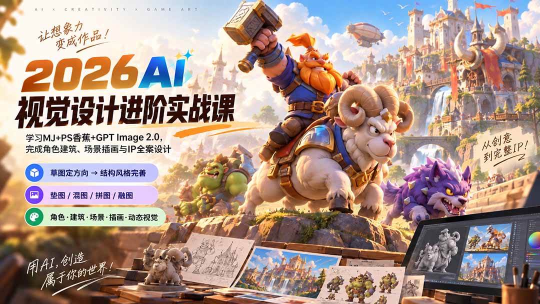 (20852期)2026AI视觉设计进阶实战课-更新1007:学习MJ+PS香蕉+GPT Image 2.0,完成角色建筑、场景插画与IP全案设计-优优云网创-中创网