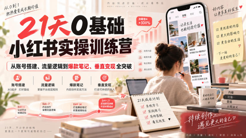 21天0基础小红书实操训练营｜从账号搭建、流量逻辑到爆款笔记、垂直变现全突破-优优云网创-中创网