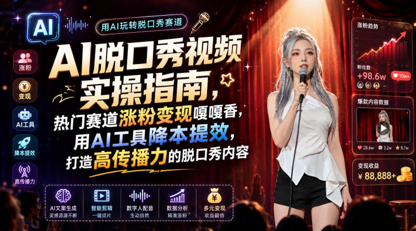 AI脱口秀视频实操指南,热门赛道涨粉变现嘎嘎香,用AI工具降本提效,打造高传播力的脱口秀内容-优优云网创
