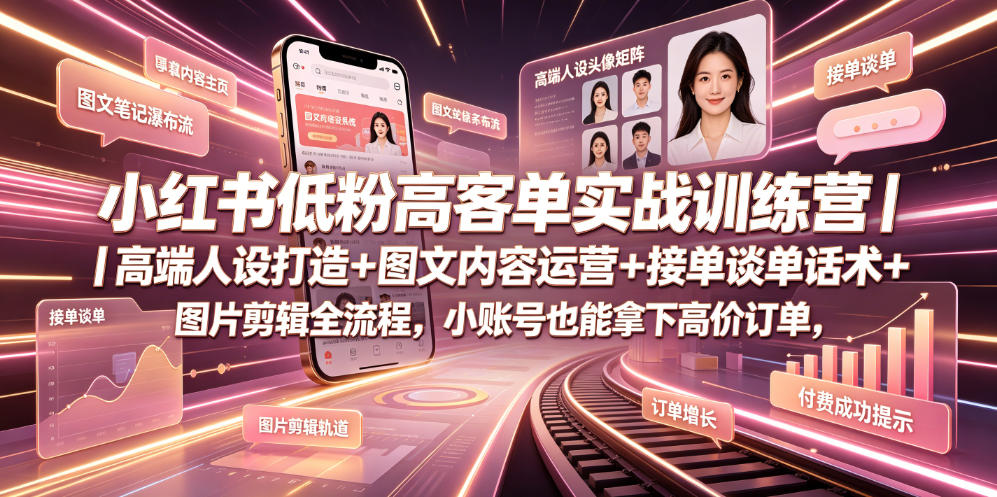 小红书低粉高客单实战训练营|高端人设打造+图文内容运营+接单谈单话术+图片剪辑全流程,小账号也能拿下高价订单-优优云网创
