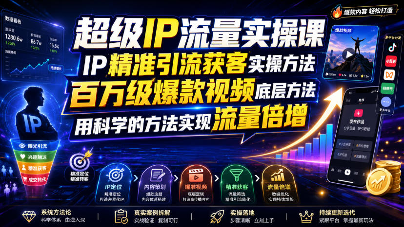 超级IP流量实操课,IP精准引流获客实操方法,百万级爆款视频底层方法,用科学的方法实现流量倍增-优优云网创