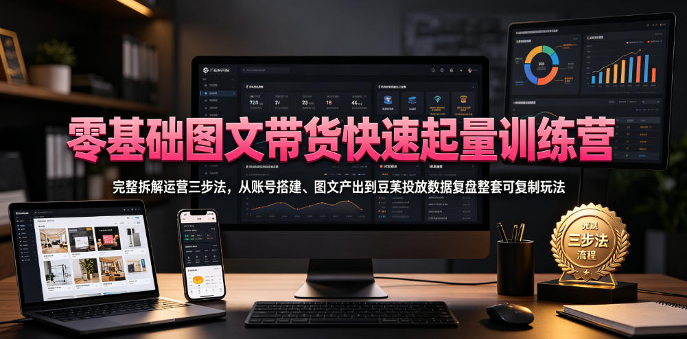 零基础图文带货快速起量训练营,完整拆解运营三步法,从账号搭建、图文产出到豆荚投放数据复盘整套可复制玩法-优优云网创
