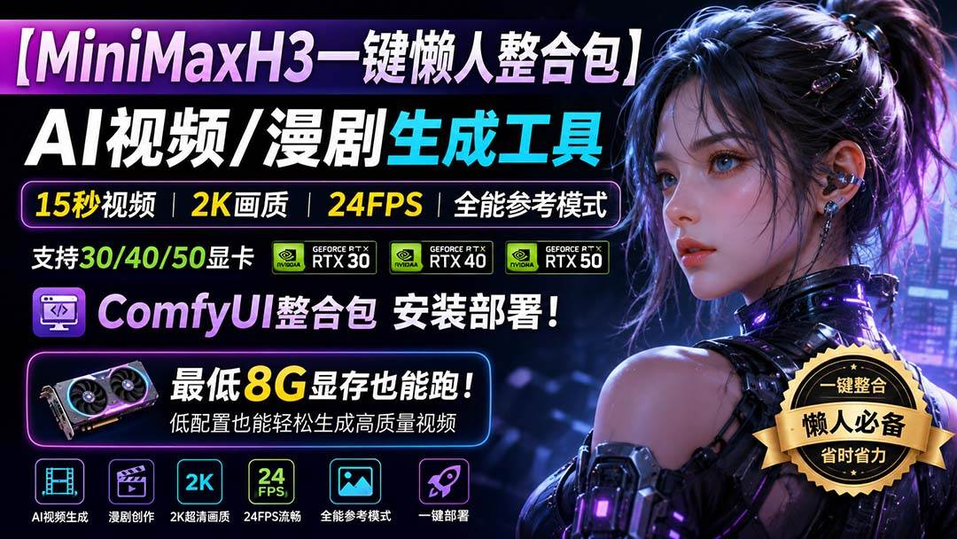 (20130期)MiniMaxH3一键懒人整合包:AI视频/漫剧生成工具,15秒视频_2K画质_24FPS_全能模式,支持30_40_50显卡,8g显存也能跑-优优云网创-中创网