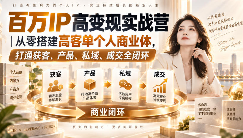 百万IP高变现实战营|从零搭建高客单个人商业体,打通获客、产品、私域、成交全闭环-优优云网创-中创网