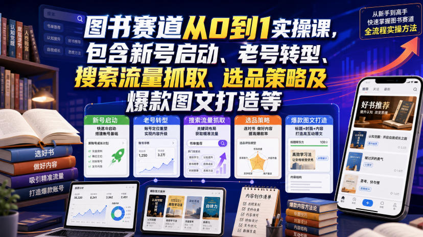 图书赛道从0到1实操课,包含新号启动、老号转型、搜索流量抓取、选品策略及爆款图文打造等-优优云网创