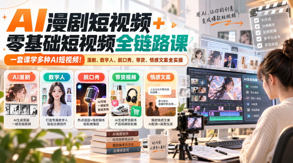 AI漫剧短视频+零基础短视频全链路课,一套课学多种AI短视频!漫剧、数字人、脱口秀、带货、情感文案全实操-优优云网创-中创网
