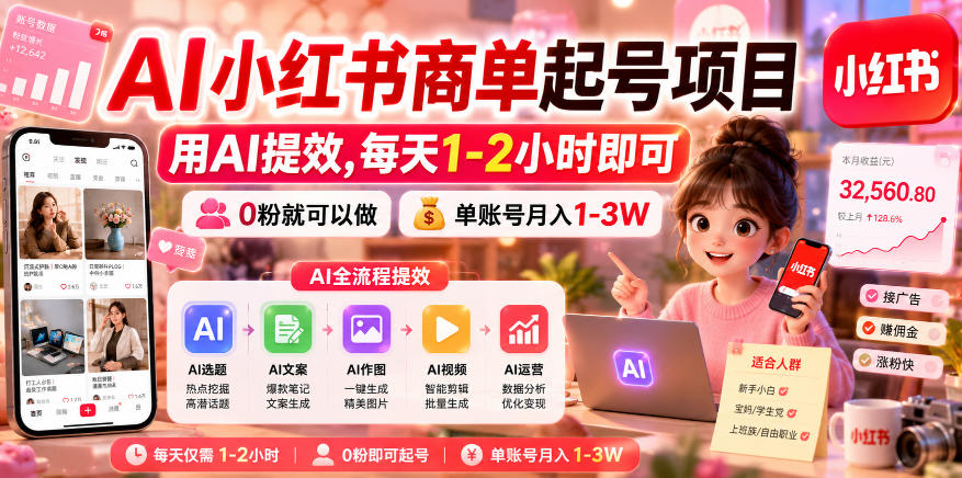 AI小红书商单起号项目,用AI提效,每天1-2小时即可,0粉就可以做,单账号月入1-3W-优优云网创